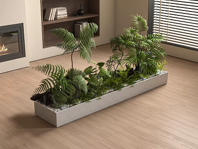 Lush Indoor Greenery In Rectangular Concrete Planter With Ferns Palms On Wooden Floor Living Room 3d model