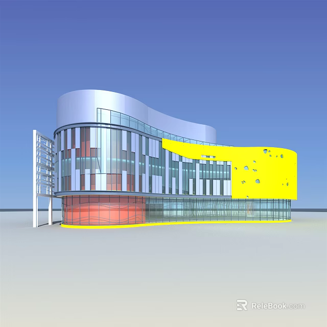 Modern Architectural Building With Curved Design Yellow Section And Glass Facade 3d model 