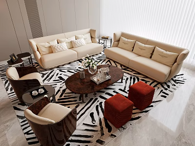 Living Room Modern Sofa and Coffee Table Set With Beige Couches Zebra Print Rug Red Ottomans 3d model