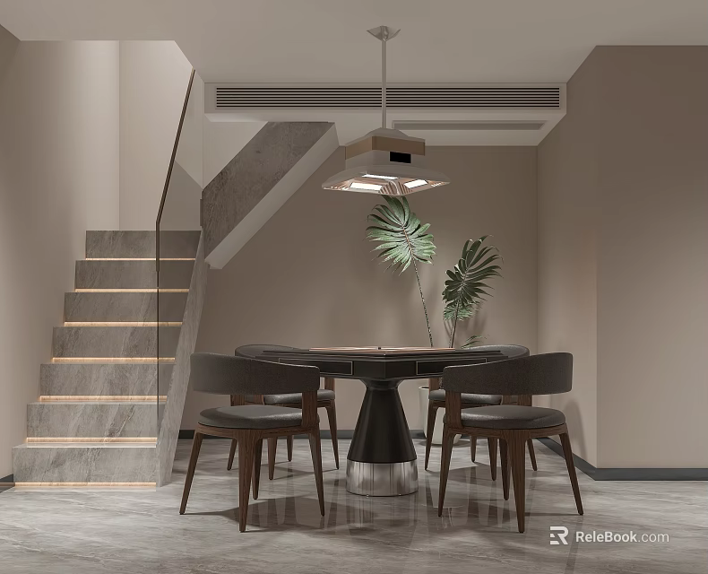 Modern Recreation Room With Round Table Chairs Plants And Staircase 3d model 