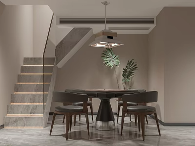 Modern Recreation Room With Round Table Chairs Plants And Staircase 3d model