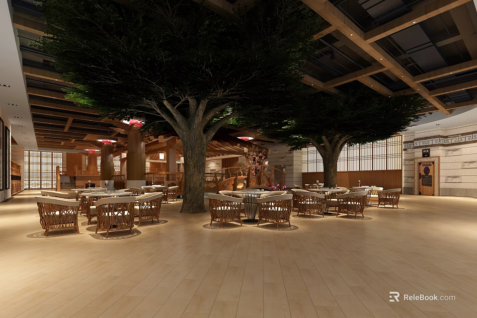 Cozy Wooden Dining Tables With Rattan Chairs In Spacious Themed Restaurant With Large Indoor Trees 3d model 