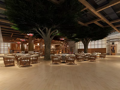 Cozy Wooden Dining Tables With Rattan Chairs In Spacious Themed Restaurant With Large Indoor Trees 3d model