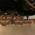 Cozy Wooden Dining Tables With Rattan Chairs In Spacious Themed Restaurant With Large Indoor Trees