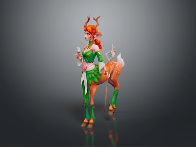 Fantasy Female Deer Human Hybrid Character With Antlers And Green Leaf Outfit Design 3d model