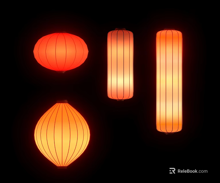 Interactive Area With Red Orange Lanterns In Round Oval And Long Shapes On Black Background 3d model 
