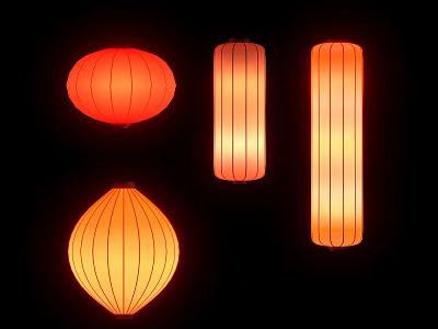 Interactive Area With Red Orange Lanterns In Round Oval And Long Shapes On Black Background 3d model