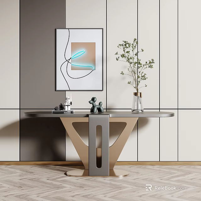 Modern Console Table With Sleek Metallic Base Artwork And Potted Plant 3d model