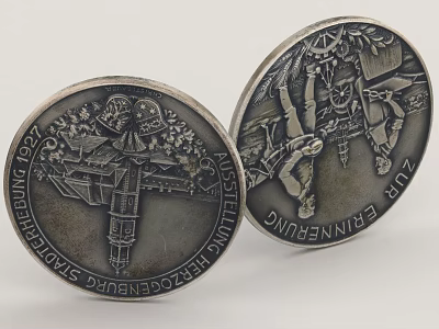 Silver Commemorative Coins With Engraved Vintage Patterns Year Markings And Text Details 3d model