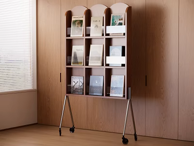 Wooden Tiered Bookcase With Wheels Holding Books Frames By Wooden Wall Window With Blinds 3d model