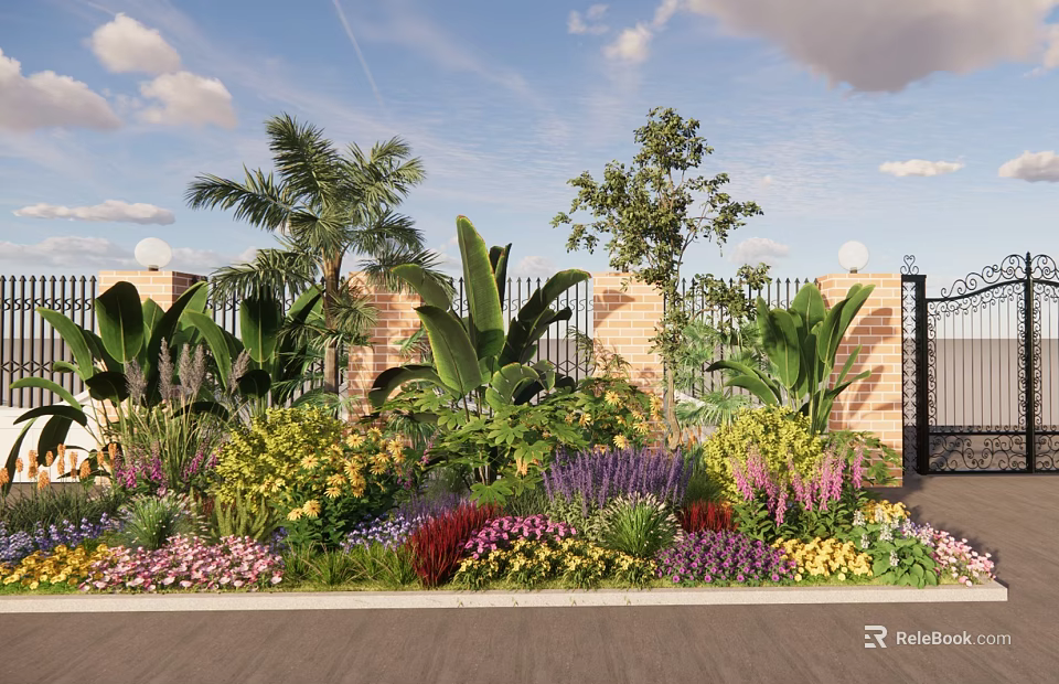 Lush Flower Bed and Flower Pots With Palm Trees Colorful Flowers and Iron Gate 3d model 