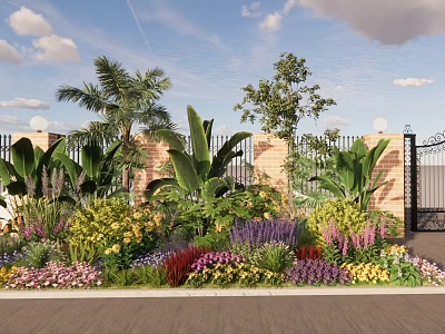 Lush Flower Bed and Flower Pots With Palm Trees Colorful Flowers and Iron Gate 3d model