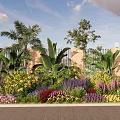 Lush Flower Bed and Flower Pots With Palm Trees Colorful Flowers and Iron Gate