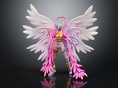 Female Character And Creature With White Wings Pink Decorations Detailed Mythical Figure Design 3d model