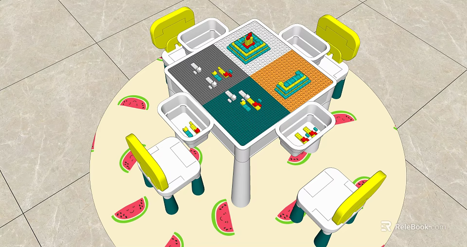 Kids Play Table With Yellow Chairs And Building Block Sections On Watermelon Pattern Mat 3d model 