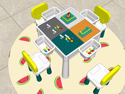 Kids Play Table With Yellow Chairs And Building Block Sections On Watermelon Pattern Mat 3d model