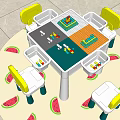 Kids Play Table With Yellow Chairs And Building Block Sections On Watermelon Pattern Mat