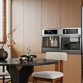Warm Retro Wooden Kitchen With Rattan Cabinet Panels Built In Appliances And Cozy Dining Corner