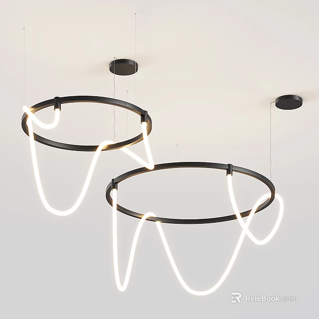 Modern Chandeliers with Black Circular Frames and White Curved Light Strips 3d model