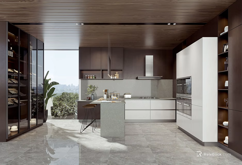 Modern Kitchen Interior Design With Wooden Accents White Cabinets Island Counter And Outdoor Greenery View 3d model 