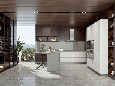 Modern Kitchen Interior Design With Wooden Accents White Cabinets Island Counter And Outdoor Greenery View 3d model
