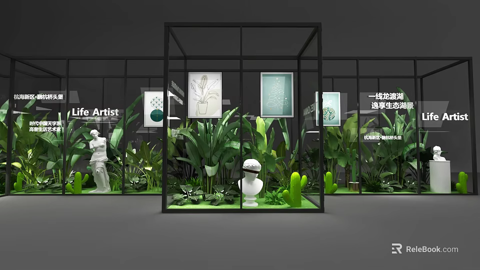 Life Artist Exhibition With Glass Display Cases Green Plants Sculptures And Paintings 3d model 
