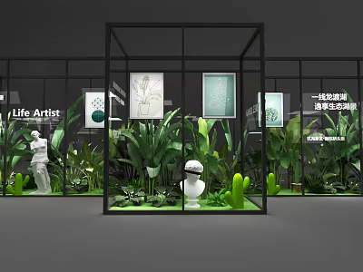 Life Artist Exhibition With Glass Display Cases Green Plants Sculptures And Paintings 3d model
