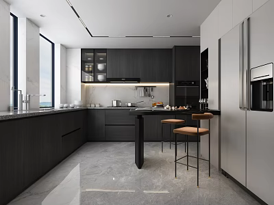 Modern Kitchen Interior with Black Cabinets Marble Countertops Island Bar Stools and Stainless Steel Refrigerator 3d model