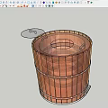 Outdoor Wooden Barrel Grill With Open Lid On Stone Pavement And Grass Area