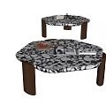 Stylish Coffee Tables Featuring Marble Pattern And Brown Wooden Legs With Decorative Items