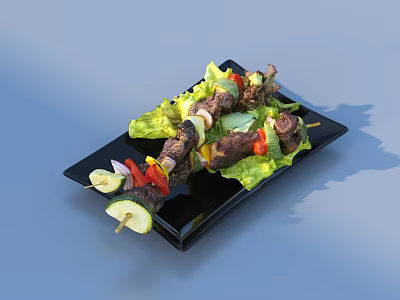 Grilled Meat Skewers With Bell Peppers Cucumber And Lettuce On Black Plate 3d model