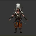 Man In Ancient Warrior Armor With Ornate Details Tall Headdress And Red Orange Pants