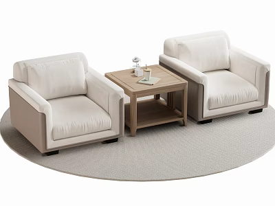 Pair Of Upholstered Light Colored Modern Single Sofa With Wooden Coffee Table And Round Rug 3d model