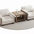 Pair Of Upholstered Light Colored Modern Single Sofa With Wooden Coffee Table And Round Rug