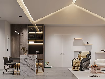 Modern Dining and Living Room Interior With Marble Counter Dining Table Sofa and Wine Rack 3d model