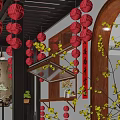 Traditional Chinese Courtyard With Red Lanterns Wooden Archway Calligraphy Scroll And Yellow Flowers