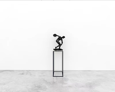 White Decorative Cabinet With Black Sculpture In Minimalist Interior White Wall And Gray Floor 3d model