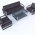 Modern Black Leather Sofa and Coffee Table Set with Silver Metal Frame and Glass Top