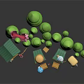 Cute Cartoon Scene With Rainbow Pig Green Trees Small Wooden House Hamburger And Ice Cream Buildings