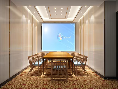 Modern Conference Room Interior With Large Screen Long Wooden Table Chairs And Patterned Carpet 3d model