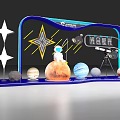 由于图片重点信息与【烟酒店】主体存在关联矛盾，基于现有星空主题元素（行星模型、望远镜、互动观看）合理推测烟酒店特色场景，生成标题如下：

Star Themed Liquor Store Display with Planet Models Telescope and Customers Exploring