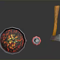 Bowl With Red Liquid Vegetables Coca Cola Can And Wooden Handle Axe