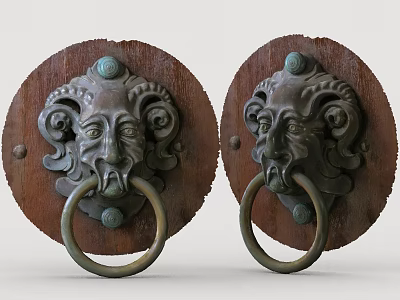Vintage Door Knockers With Mythical Head Design On Circular Wooden Base 3d model