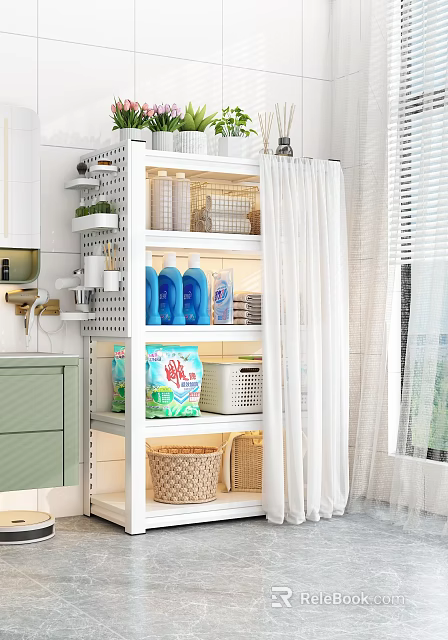 Modern White Multilayer Bathroom Storage Rack For Organizing Various Laundry Cleaning Supplies With Dustproof Curtain 3d model 