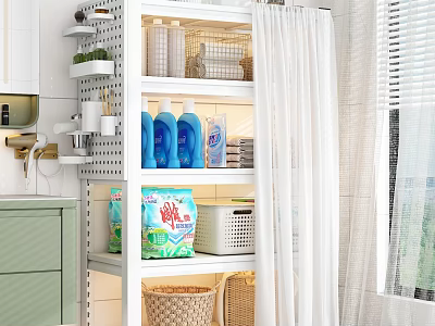 Modern White Multilayer Bathroom Storage Rack For Organizing Various Laundry Cleaning Supplies With Dustproof Curtain 3d model