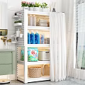 Modern White Multilayer Bathroom Storage Rack For Organizing Various Laundry Cleaning Supplies With Dustproof Curtain