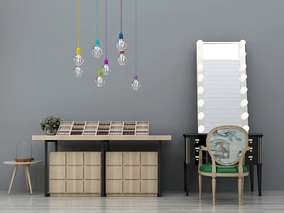 Modern Minimalist Dressing Table With Lighted Mirror Colorful Pendant Lights And Green Chair 3d model
