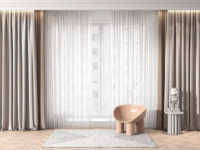 Beige Curtains And White Sheer Drapes With Accent Chair Side Table And Rug In Room 3d model