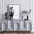 Gray Arched Entryway Console Table with Golden Legs and Side Cabinet Decorated with Sculptures Vase