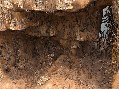 Cave Interior Natural Landscape With Rock Formations And Twisted Tree Roots 3d model